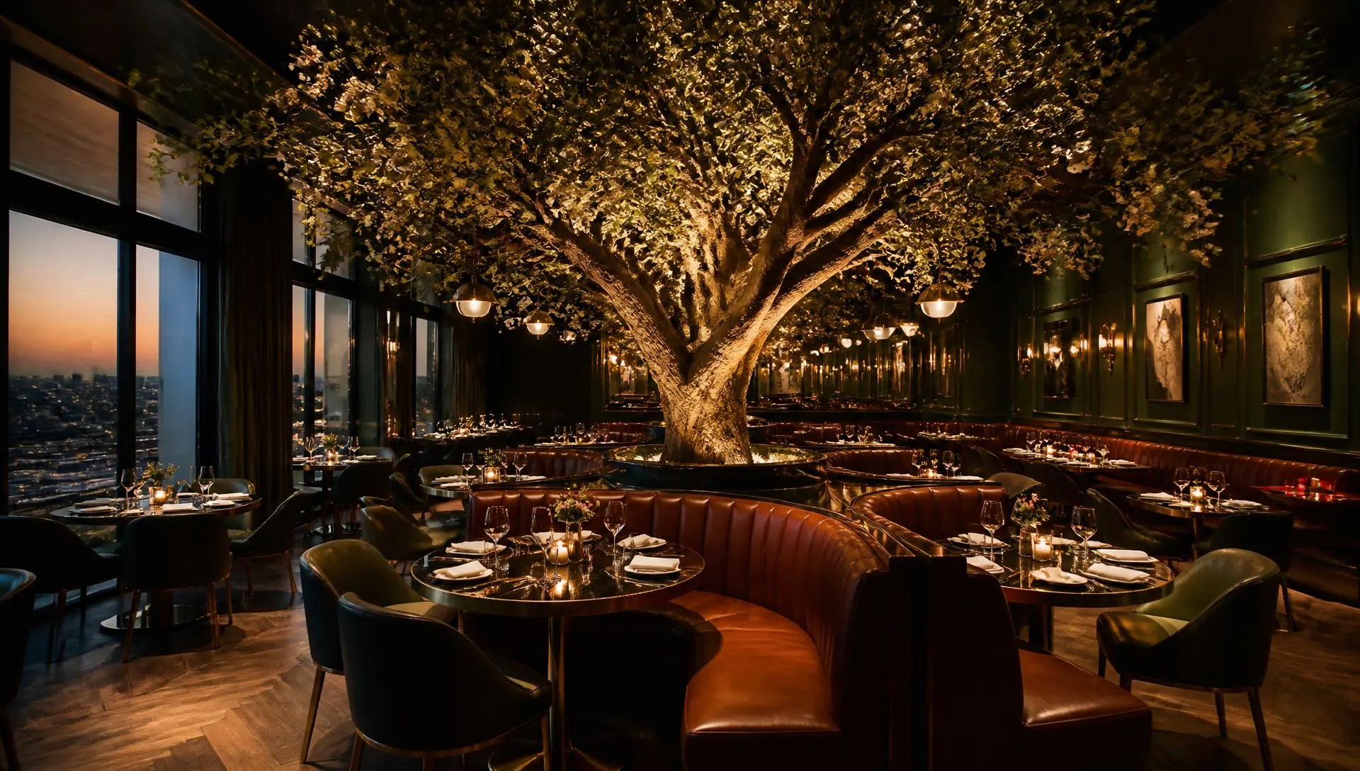 Restaurant interior with a large illuminated artificial tree