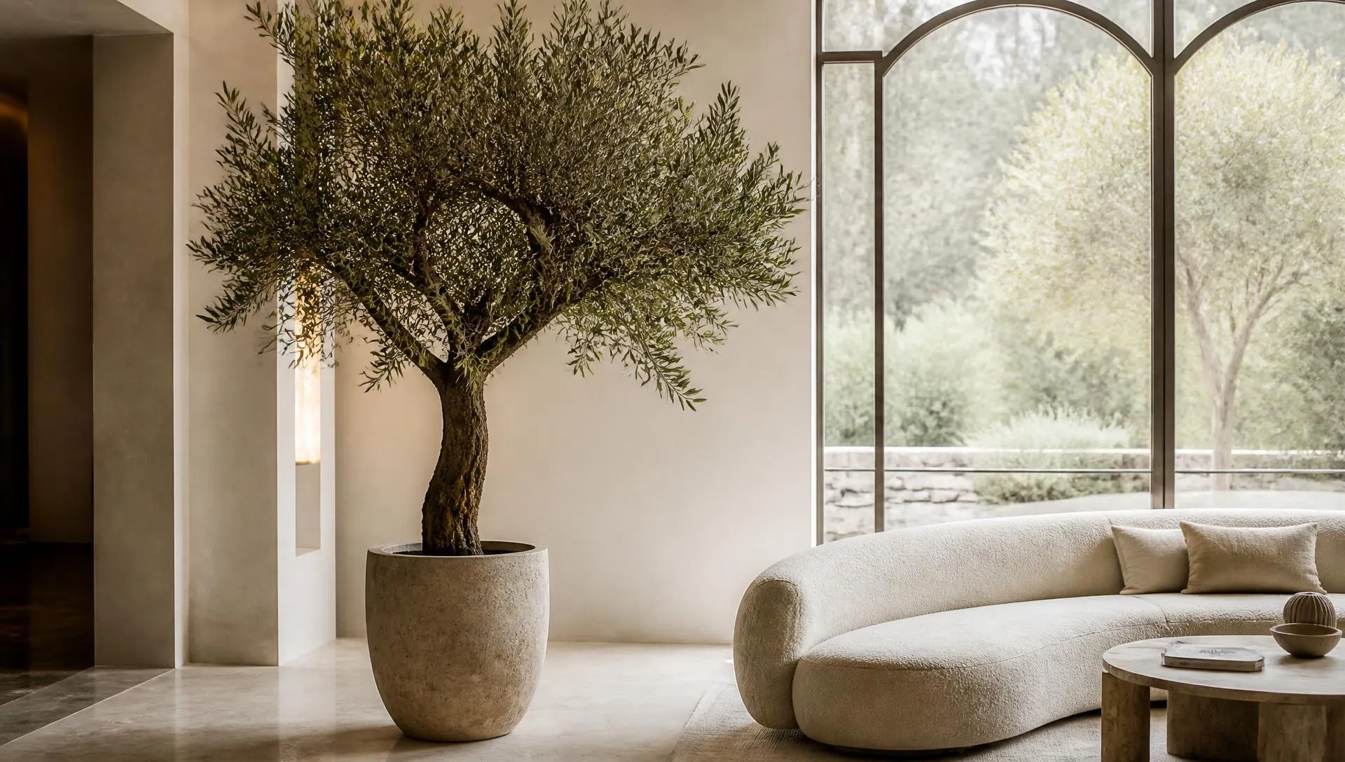 Large realistic artificial olive tree beside a curved sofa in a sunlit ivory interior